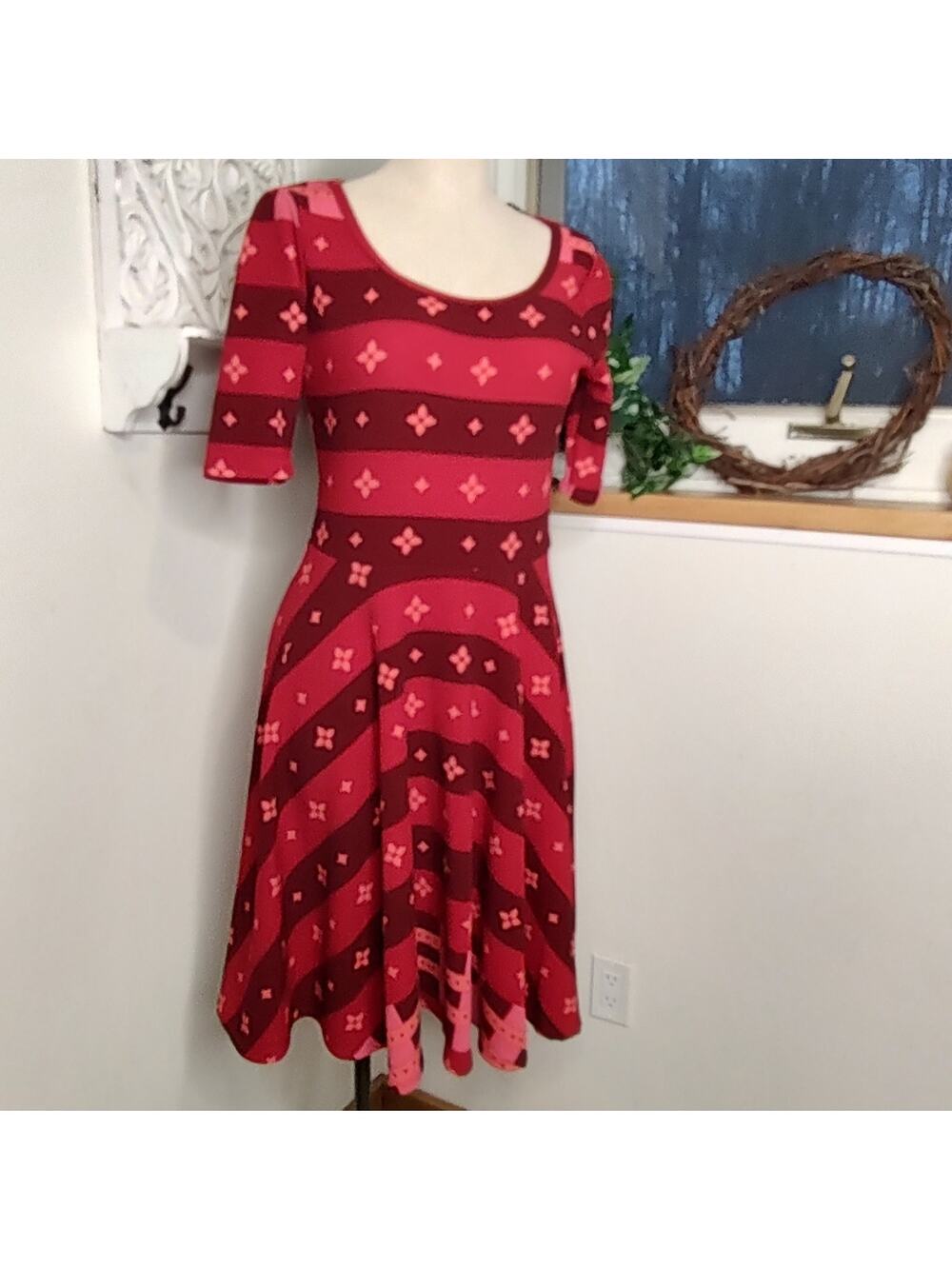 Lularoe Nicole Red and Pink Fit and Flare Dress Size Large